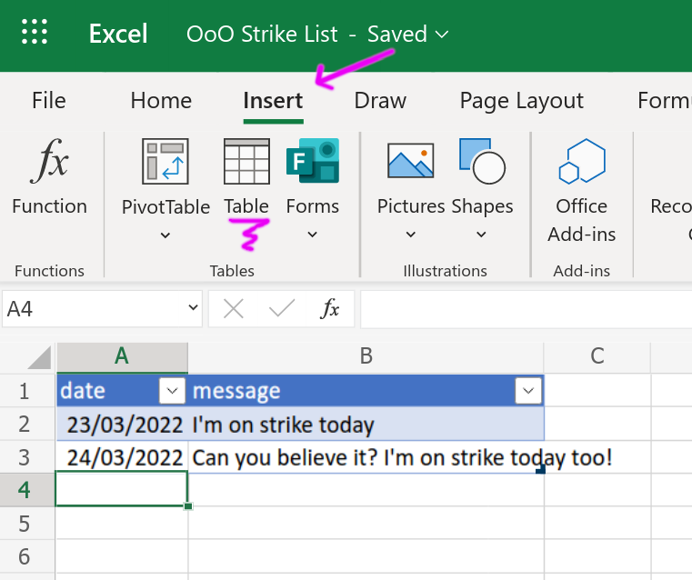 Create a table in excel